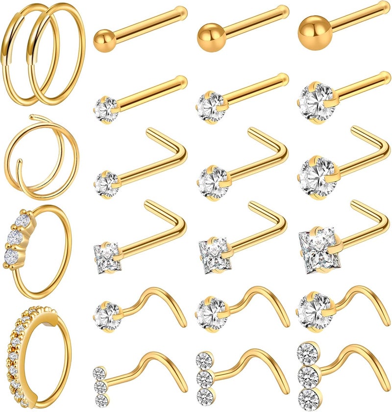 ONESING 23-40 Pcs Gold Nose Rings & Studs - 18G & 20G Nose Piercing Jewelry - L Shape, Hoop & Screw Body Jewelry for Women & Men - Image 1